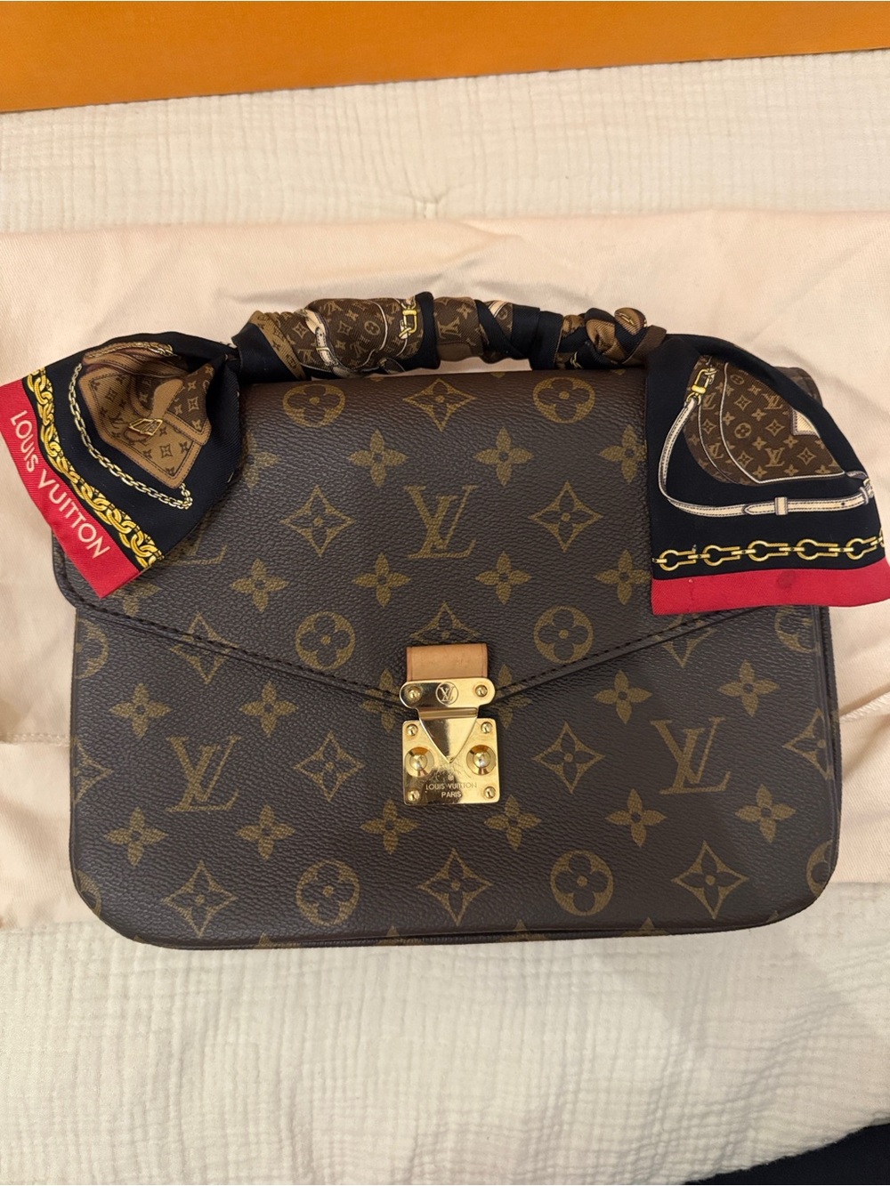 Louis Vuitton Monogram Shoulder Bag with Scarf Accent - Brown, Black, Red